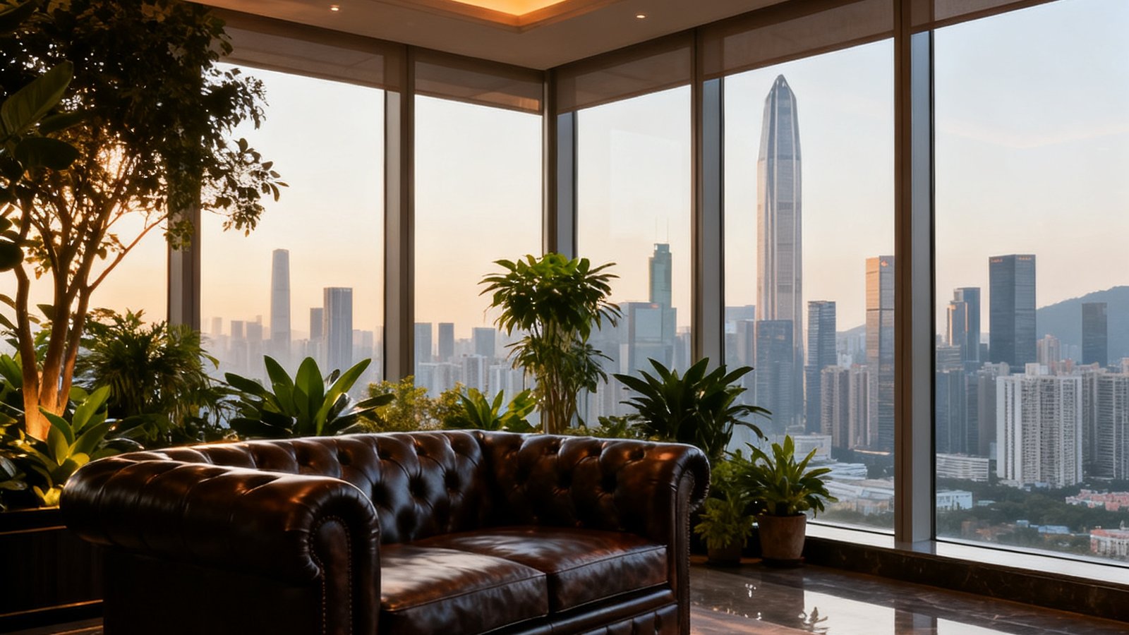 深圳南山旗舰店内部全景，暖色调灯光洒在深色皮质沙发上，绿植在落地窗边错落有致，窗外可见深圳城市天际线，空间宽敞明亮，呈现出低调而精致的奢华感。