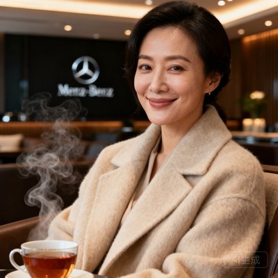 一位气质优雅的奔驰女性车主，身穿米色羊绒外套，在休息室柔和灯光下露出温柔微笑，身旁可见一杯热茶升腾着淡淡蒸汽。